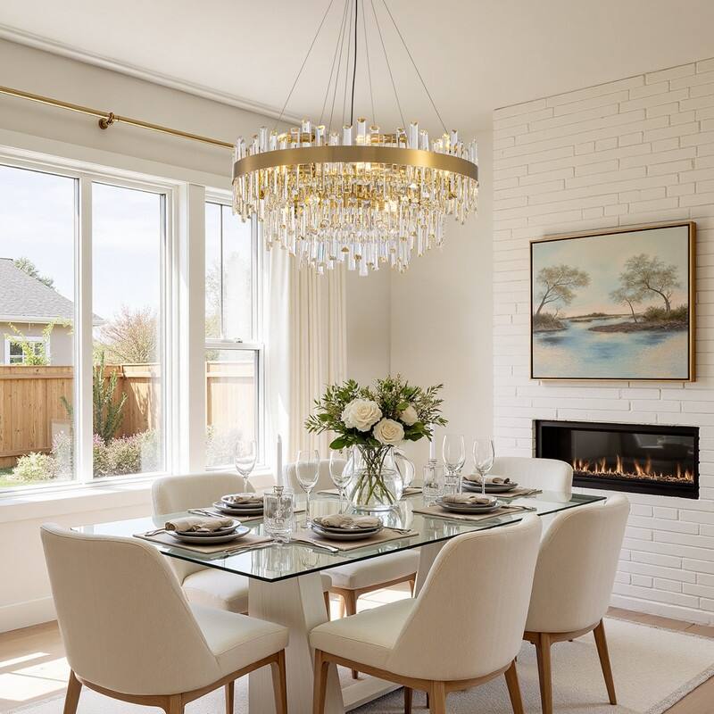 32 in. 4-Tier Modern Crystal Chandelier Brass Gold Round Crystal Raindrop Chandelier Contemporary Pendant Light for Dining Room