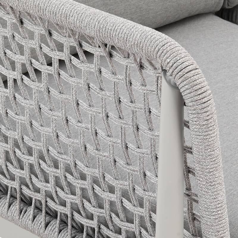 Rhodes Outdoor Patio Sofa in Aluminum with Light Gray Rope and Cushions