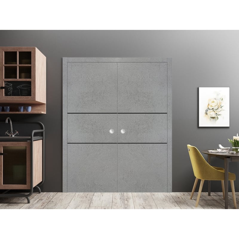 French Double Pocket Doors 36x80 Planum 0014 Concrete with Kit Trims Rail