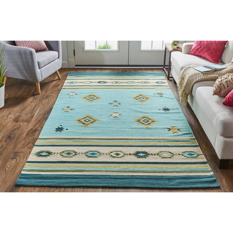 Amara Southwestern Diamonds Rug, Sky Blue/Evergreen, Area Rug