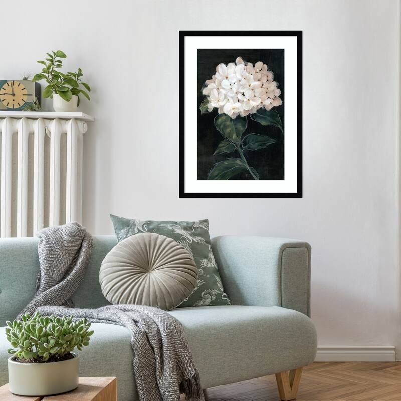 White Blossoms on Dark Canvas No. 1 by Alex Black Wood Framed Wall Art Print