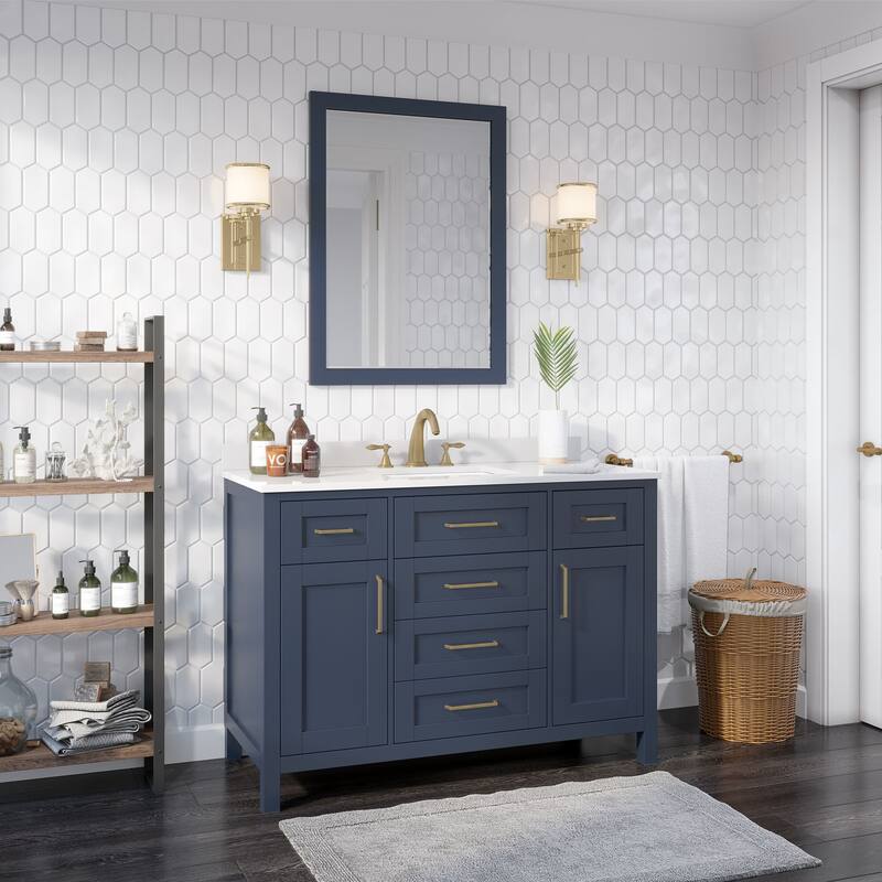 OVE Decors Tahoe 48 in. Midnight Blue Single Sink Vanity with White Cultured Marble Top and Mirror