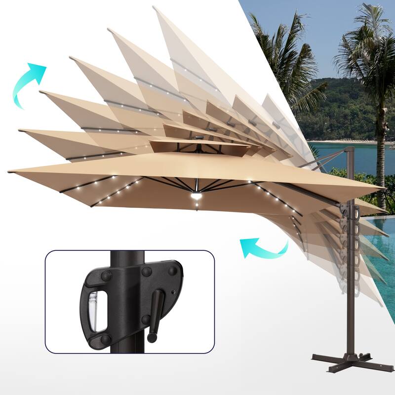 VredHom 11X11 FT Outdoor Square Cantilever Patio Umbrella Aluminum Solar LED Light with HDPE Base