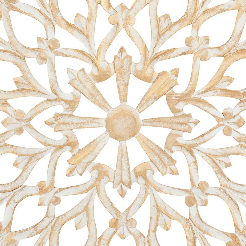 Light Brown Wood Handmade Intricately Carved Floral Home Wall Decor with Mandala Design