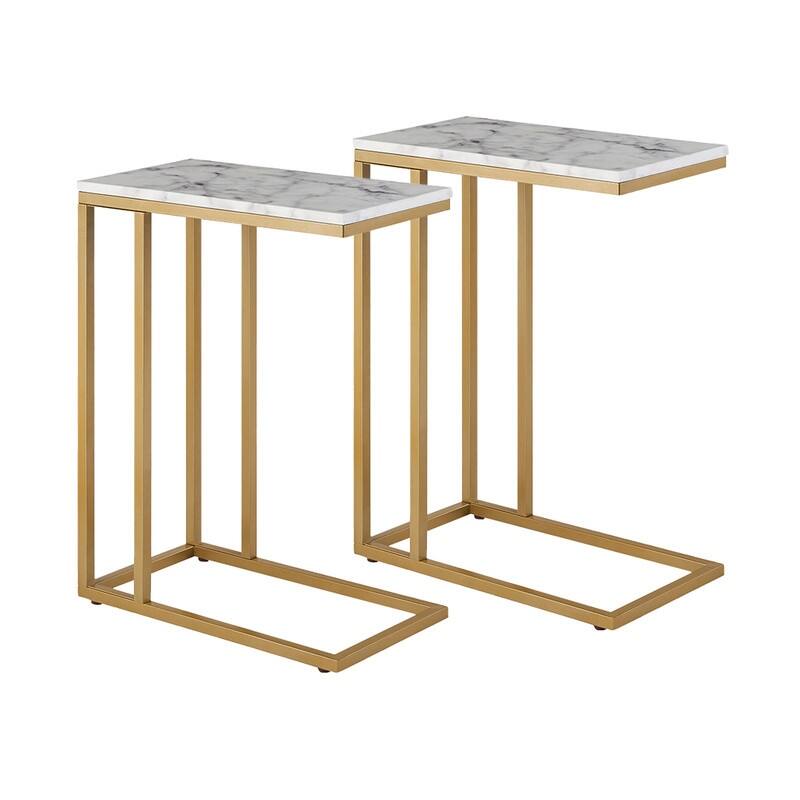 ROSEN GARDEN Faux Marble C-Shape Side End Table, Set of 2, White