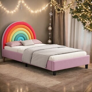 Rainbow Design Upholstered Twin Platform Bed, Colorful & Pink Princess Bed for Boys & Girls, Teens - No Box Spring Needed
