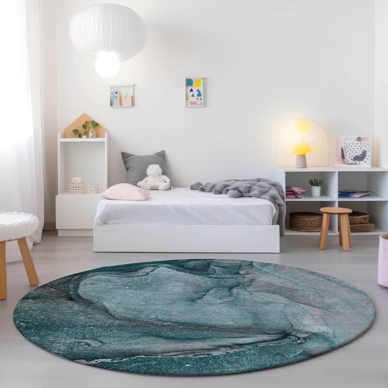 Machine Washable Indoor/ Outdoor Abstract Chantille Rug - Teal - 8' x 8'