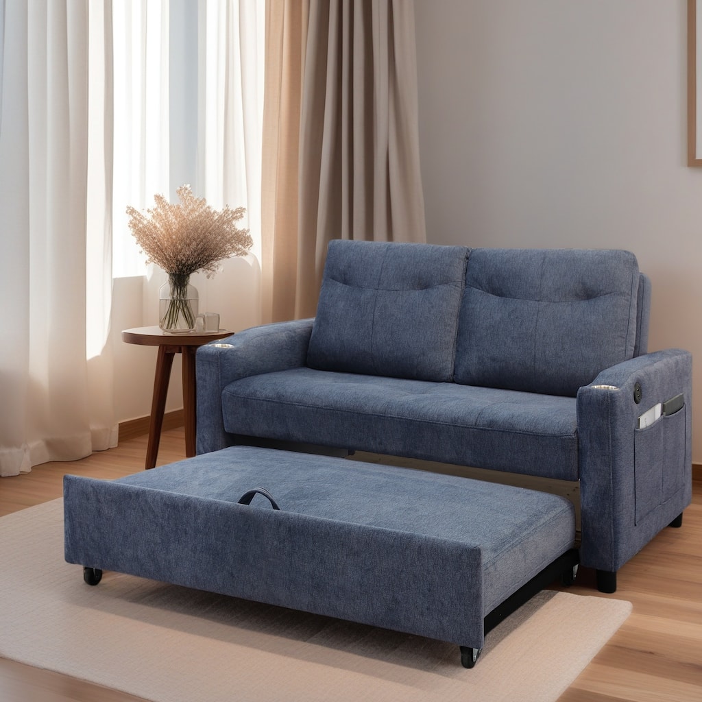 Lounge Sofa Loveseat Sofa Bed with USB Charging Port & Storage Pocket, Sleeper Couch with Reclining Backrest