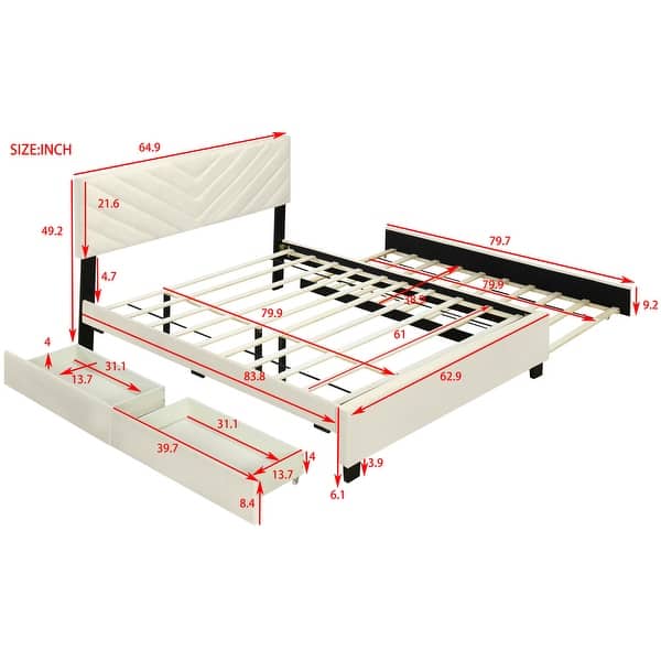 dimension image slide 1 of 3, Upholstered Bed Queen Size Platform Bed with Sleek Chevron Headboard, Pullout Trundle Bed and 2 Drawers, Flannel