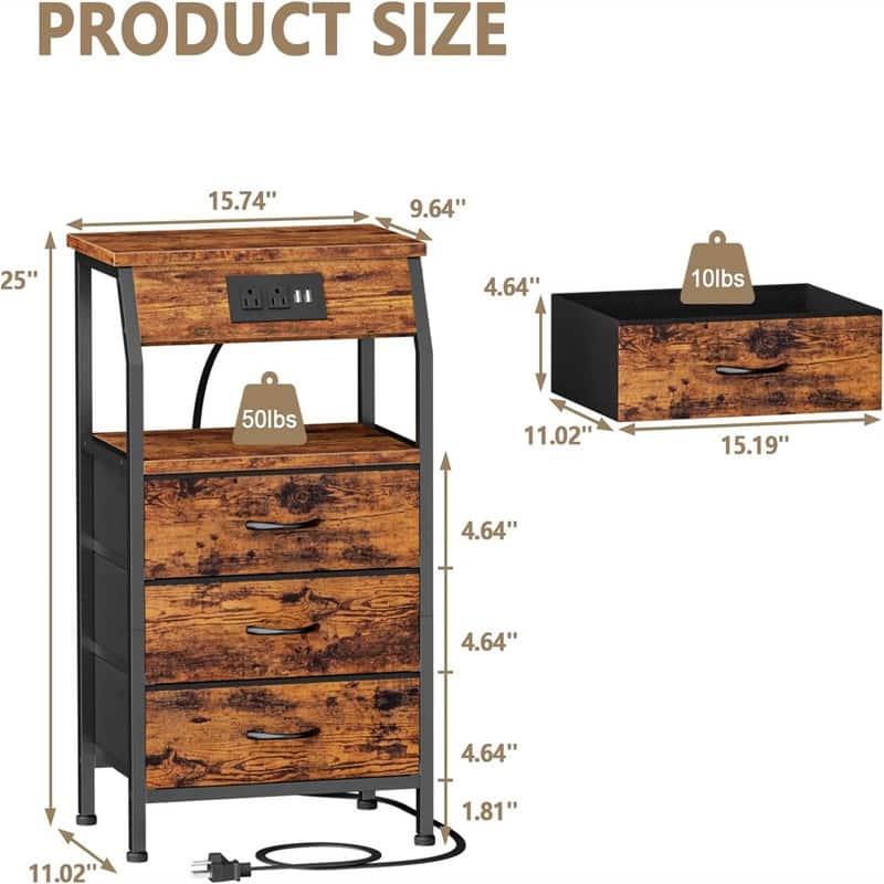 Night Stand with Charging Station Small Bedside Table with Wood Shelf