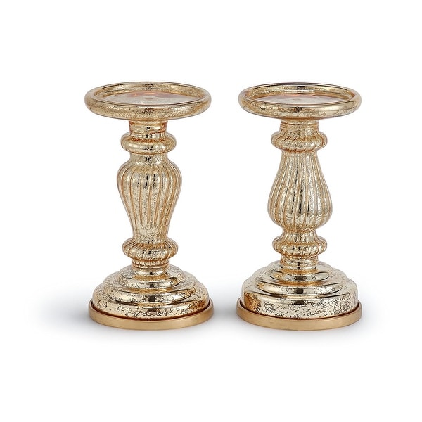 Mercury Glass 8.5" Lit Pillar Candle Holder with Timer- Gold(set of 2)