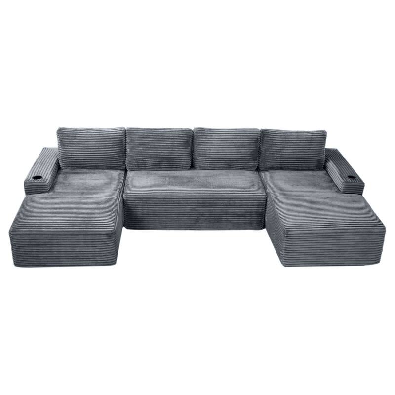 133.4" U-Shaped Corduroy Sectional Sofa with Cup Holders, No Assembly Required - Grey