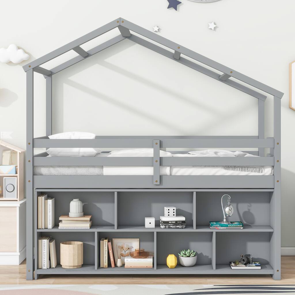Twin House Loft Bed with Roof Frame Under Bed Shelving Storage Unit