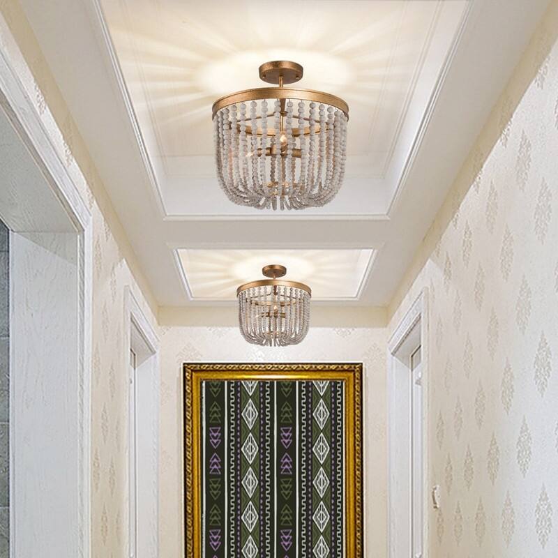 Boho Glam Gold Drum Chandelier 4-light Dimmable Distressed Wood Beaded Semi-flush Mount for Foyer - D 14" * H 15.7"