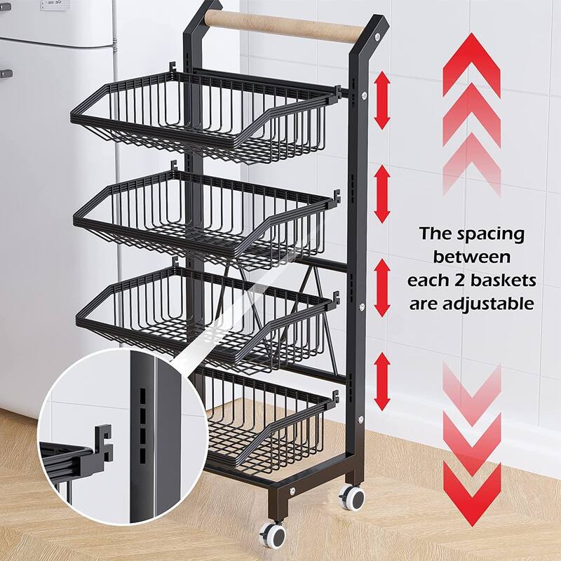 Snack Cart with Wheels 4-Tier Adjustable Fruit Rack Fruit Vegetable Basket Cart Metal Wire Storage Cart Rolling Pantry Utility