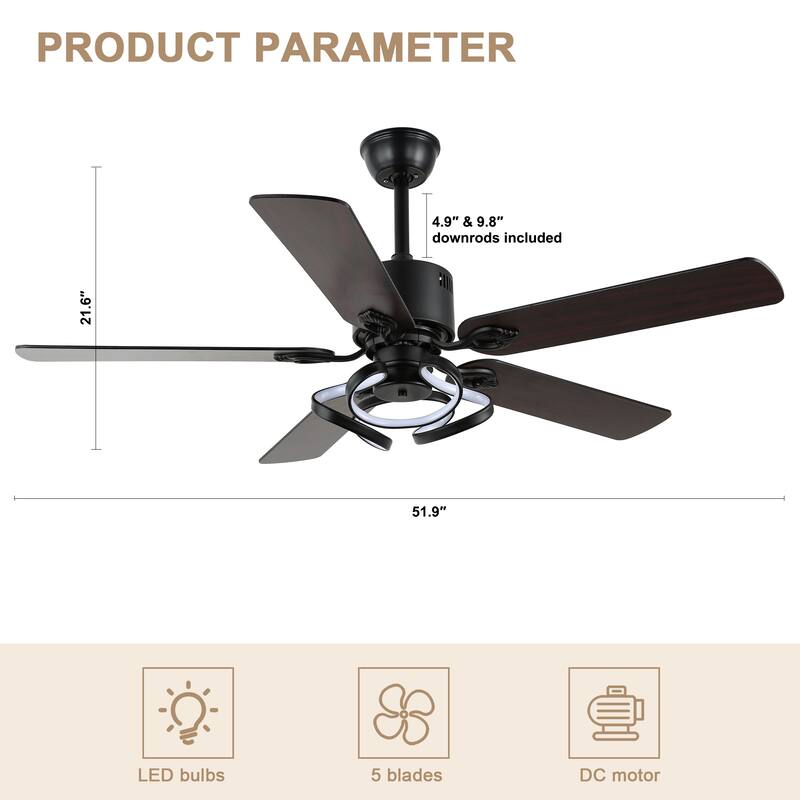 Bella Depot 52" Modern Ceiling Fan with Dimmable Light and Remote 6-Speed Reversible Motor