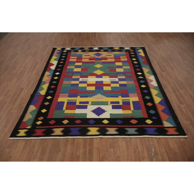 Hand Woven Oriental 100% Wool Carpet Southwestern Modern Multi-Colored Kilim Area Rug - 9' 8'' X 7' 11''