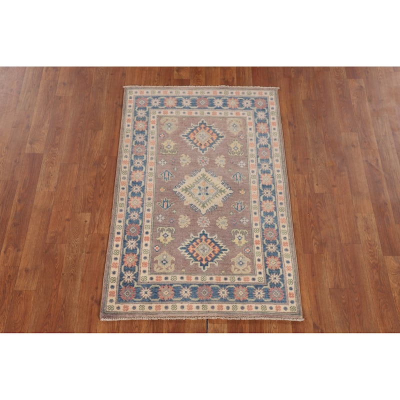 Kazak Foyer Rug Hand-Knotted Geometric Brown Wool Carpet - 2'7" x 3'11"