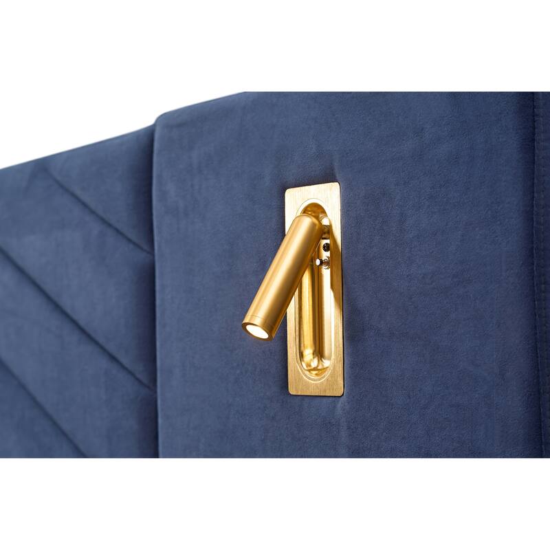 Royal Blue Queen Velvet Bed Frame Vertical Channel Tufted Wingback Headboard Upholstered Platform Bed Wooden Slats - Retro Blue