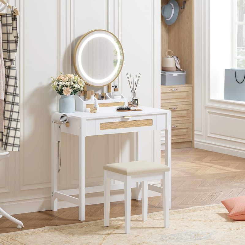 COSTARS Rattan Makeup Vanity Desk with Mirror and Lights, White Vanity Table with Drawers,Dressing Table with 3 Lighting Modes