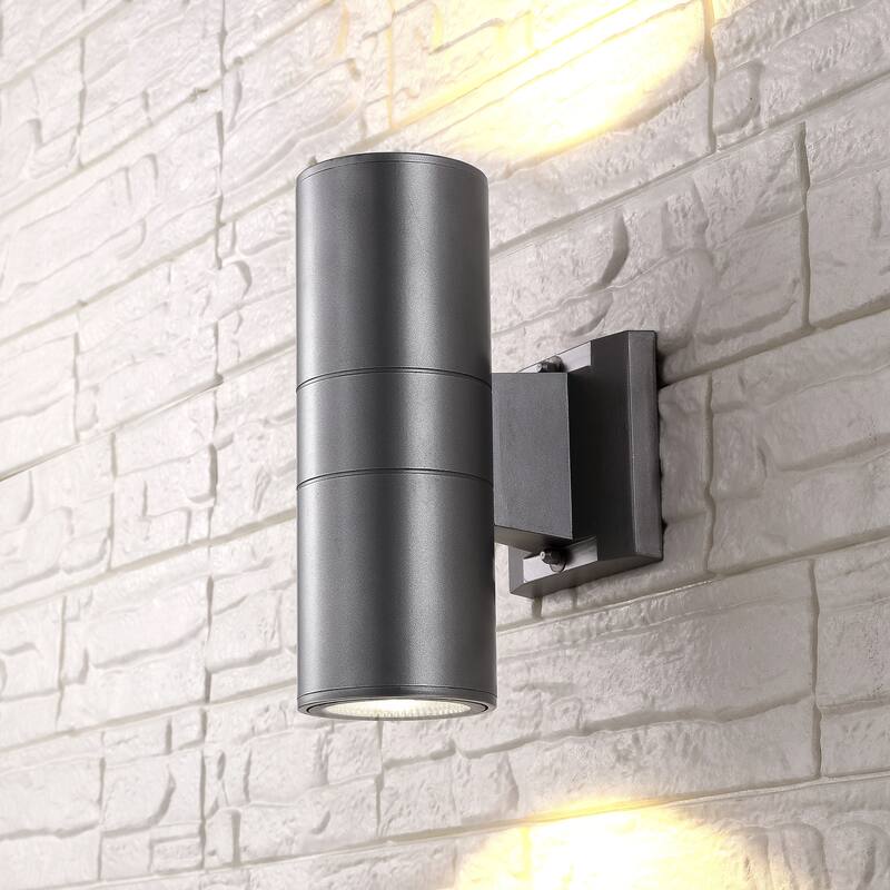 Lauren 2-Light Modern Midcentury Cylinder Outdoor Metal/Glass Integrated LED Wall Sconce with Uplight, by JONATHAN Y