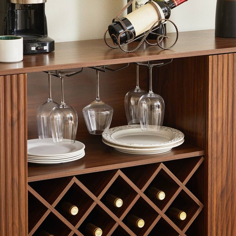 Modern 58" Fluted Curved Sideboard Multifunctional Storage Cabinet with Wine Rack and Adjustable Shelves