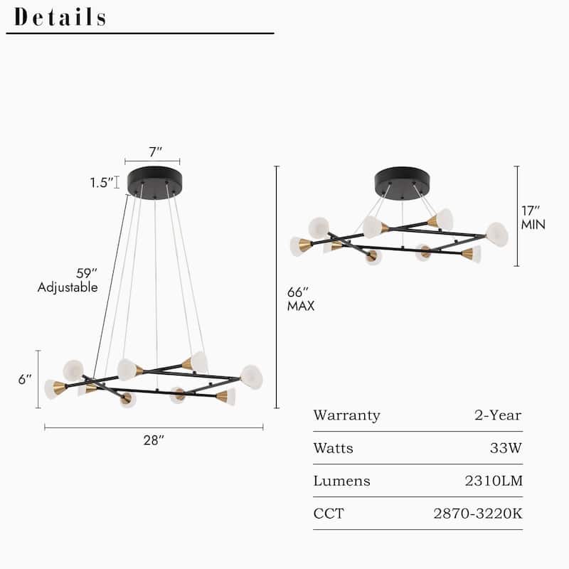 Modern Contemporary Black Gold 10-Light LED Linear Chandelier Pendant Lights for Dining Room - 28" D x 6" H