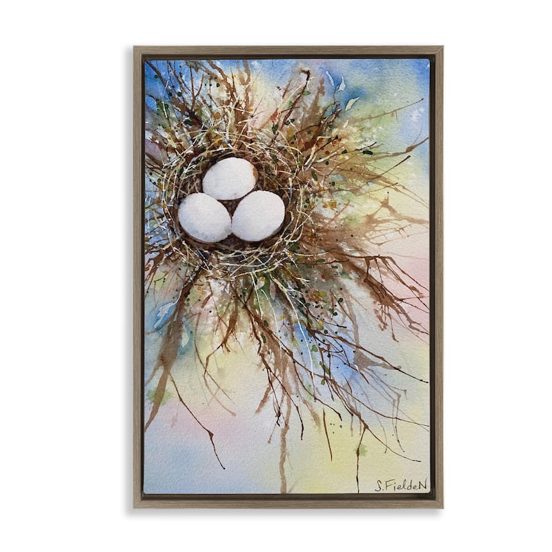 Stupell Modern Watercolor Bird Nest Framed Floater Canvas Wall Art Design By Stephanie Fielden - 21 x 31 - Brown