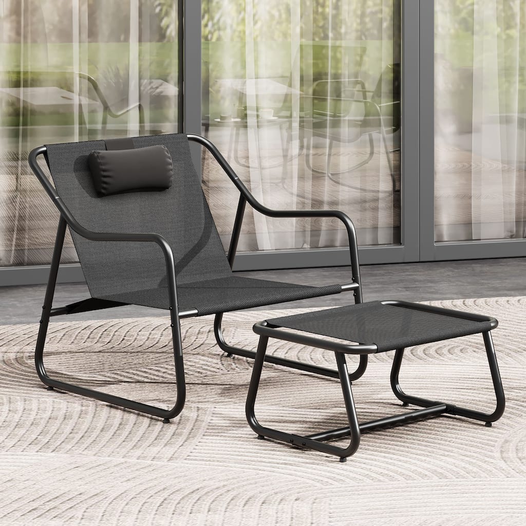 Moasis Outdoor Patio Lounge Chair Cushioned Accent Chair with Ottoman and Foam Headrest