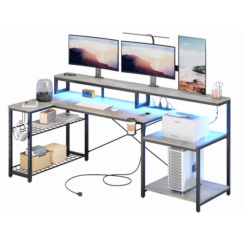 Bestier 71.5“” Computer Desk with Power Outlets, L Shaped LED Home Office Desk with Long Monitor Stand and Cup Holder & Hooks