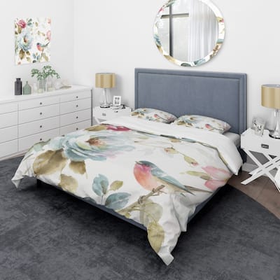 Designart 'Beautiful Bird Romance I' Cottage Bedding Set - Duvet Cover & Shams