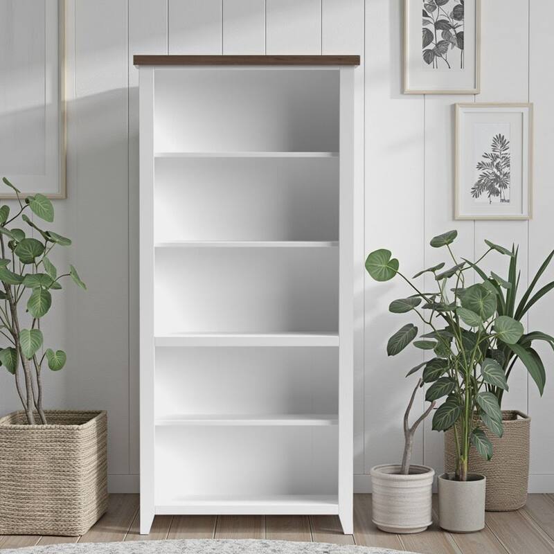 Bridgevine Home Modern Farmhouse 72 inch high 5-shelf Bookcase, No Assembly Required, Two-Tone Finish