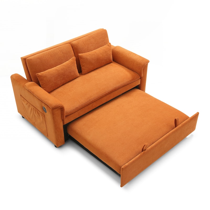 55" Velvet Two Seater Pull Out Sofa Bed, Adjustable Backrest With USB Ports, Two Side Pockets
