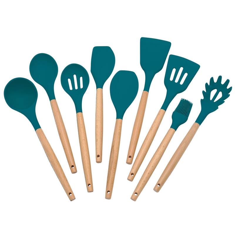 Elyon 9 Piece Colored Silicone with Wood Handles Kitchen Utensils Set - 9 Piece