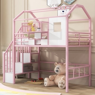 Metal Twin Loft Bed with Roof Design and Storage Box, Pink
