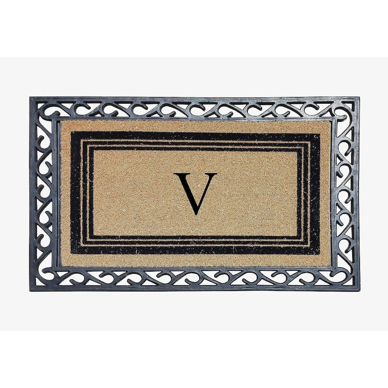 A1HC Natural Coir & Rubber Monogrammed Entrance Door Mats, Non-Slip, Flock Doormat, Thin-Profile Indoor Outdoor Doormat 24"x36" - V