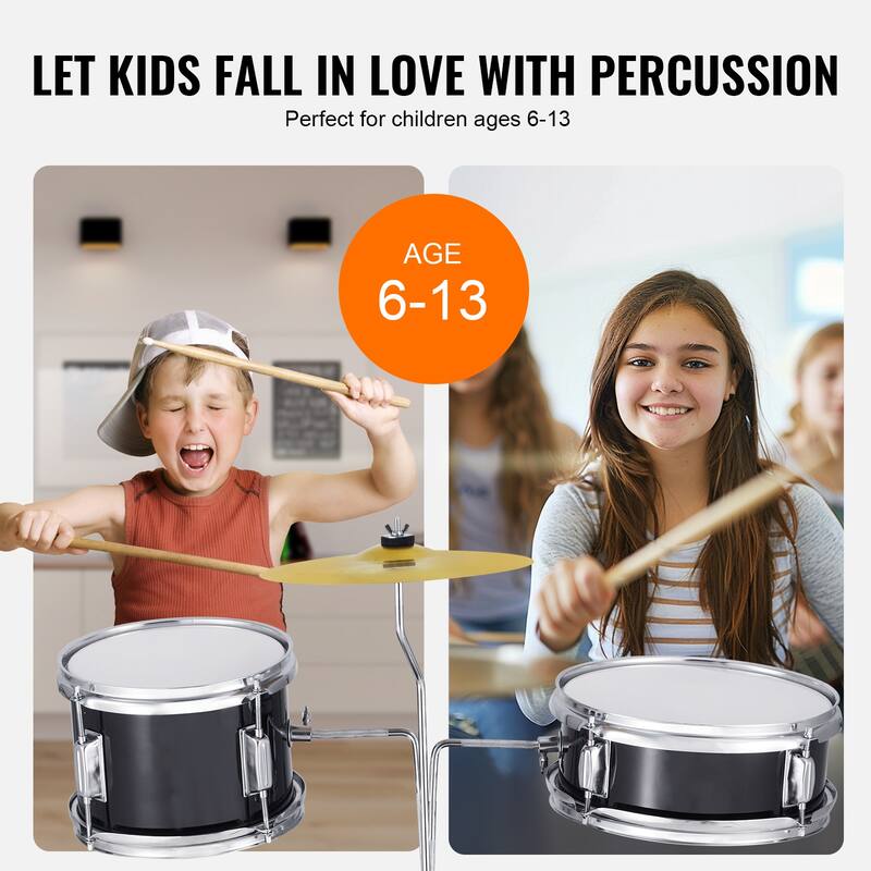 Kids Drum Set, 3-Piece, 14 in Beginner Drum Set with Adjustable Throne Cymbal Pedal Two Pairs of Drumsticks - 14 in