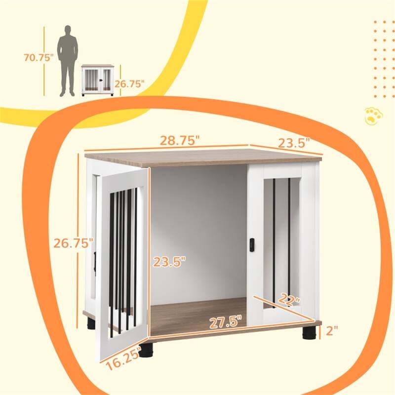 Walnut Brown and White Dog Crate with Front Door Adjustable Feet Woodgrain Finish Side Table Function