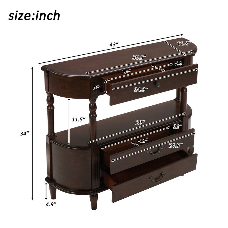 43"Retro Curved Wood Console Table with 3 Drawers and Storage Shelf