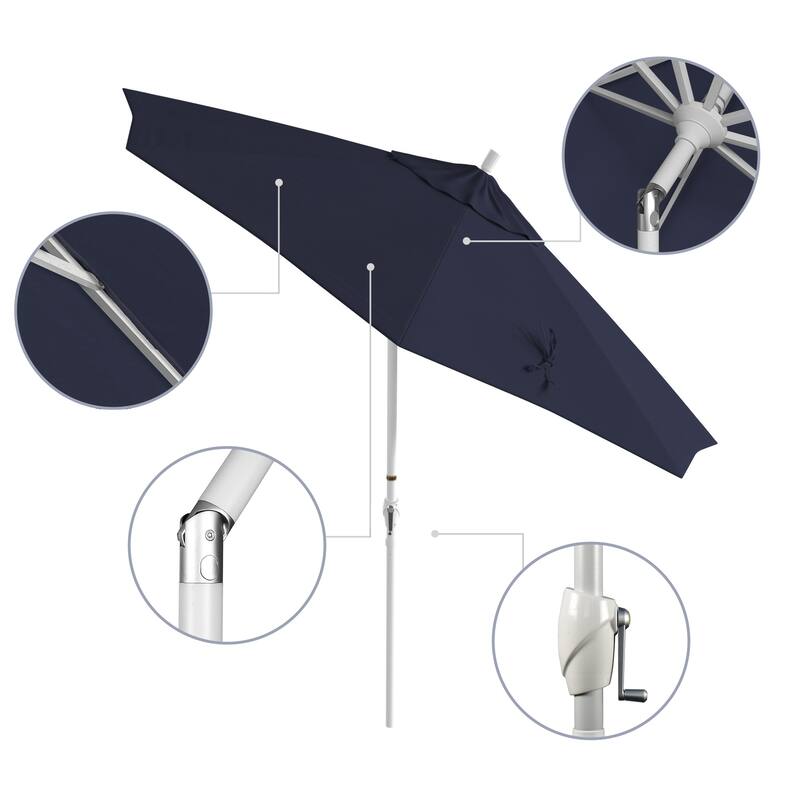 California Umbrella 9' Round Crank Lift Push Button Tilt White Aluminum Patio Umbrella with Olefin Royal Blue Fabric