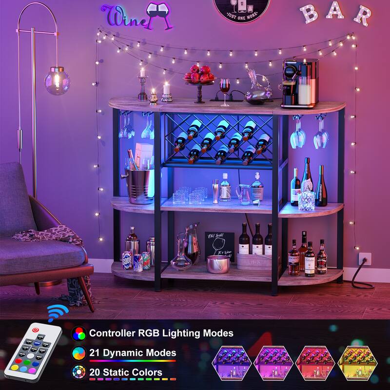 4-Tier Wine Bar Cabinet with Outlet and LED Light,Freestanding Bar Table with Glass Holder and Wine Storage