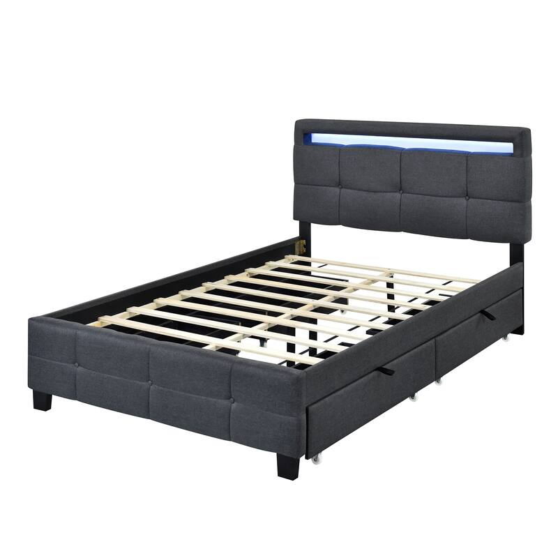 Linen Upholstered Platform Bed Frame with LED Light Headboard & 2 Drawers