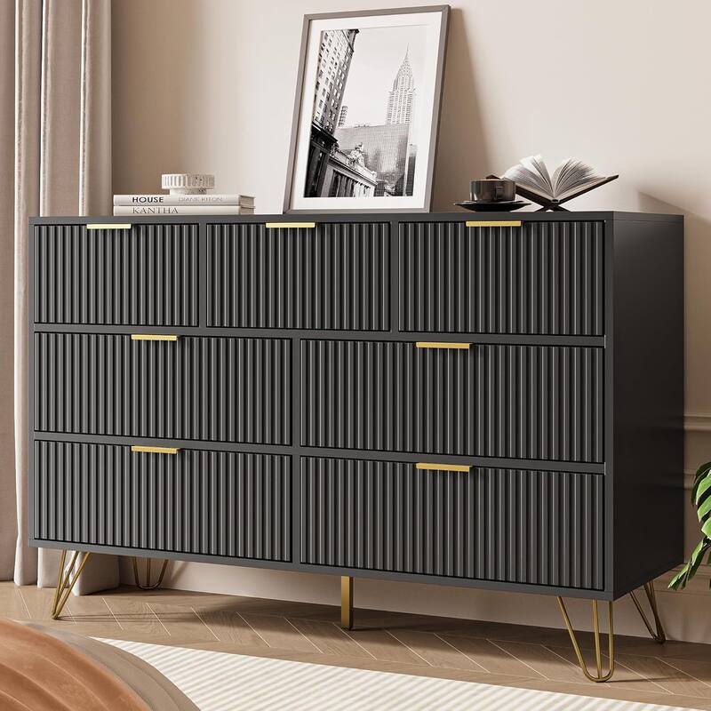 FURNIWAY Fluted Drawer Dresser for Bedroom - Black - 7-drawer