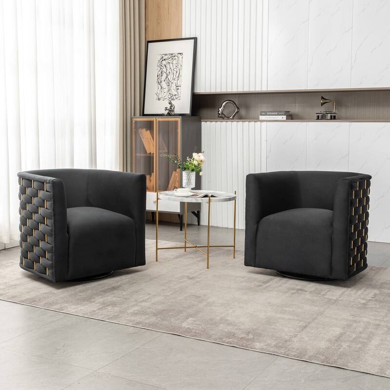 Modern Glam Velvet Upholstered 360 Degree Swivel Barrel Chair Set of 2 - Black