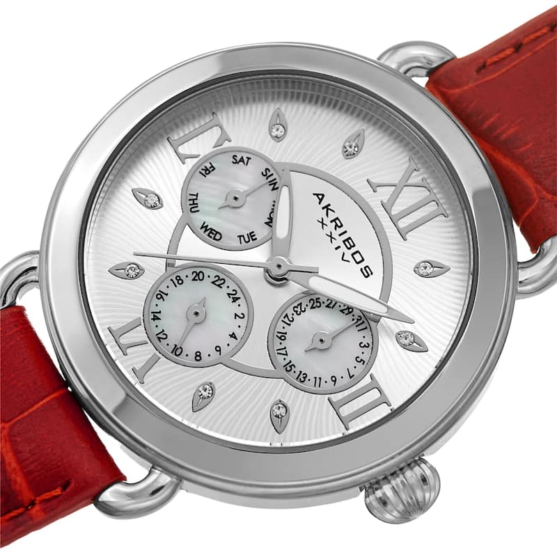 Akribos XXIV Ladies Date Swarovski Crystal Vintage Style Red Leather Strap Watch