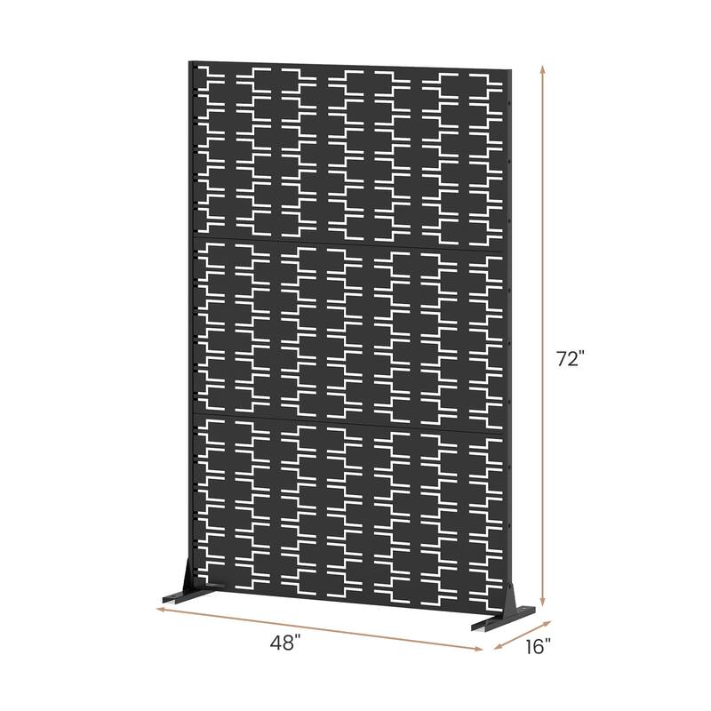 Black Metal Privacy Screen Panel with Freestanding Base and Decorative Design - 48" x 16" x 72" (L x W x H)