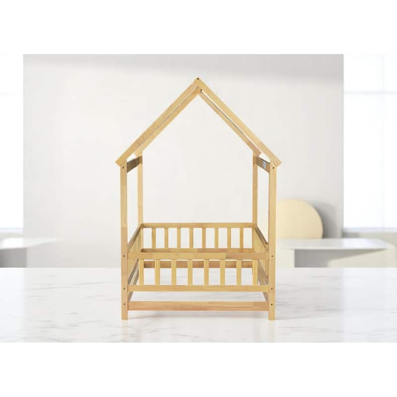 Twin / Full Size Wooden House Bed with Fence and Roof bed Frame, Montessori Style Floor Bed for Kids