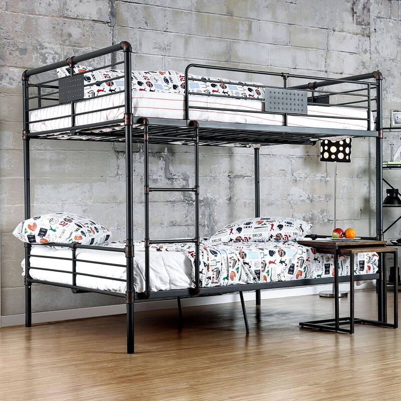 Full Over Full Metal Bunk Bed with Attached Ladder, Antique Black, Industrial Style