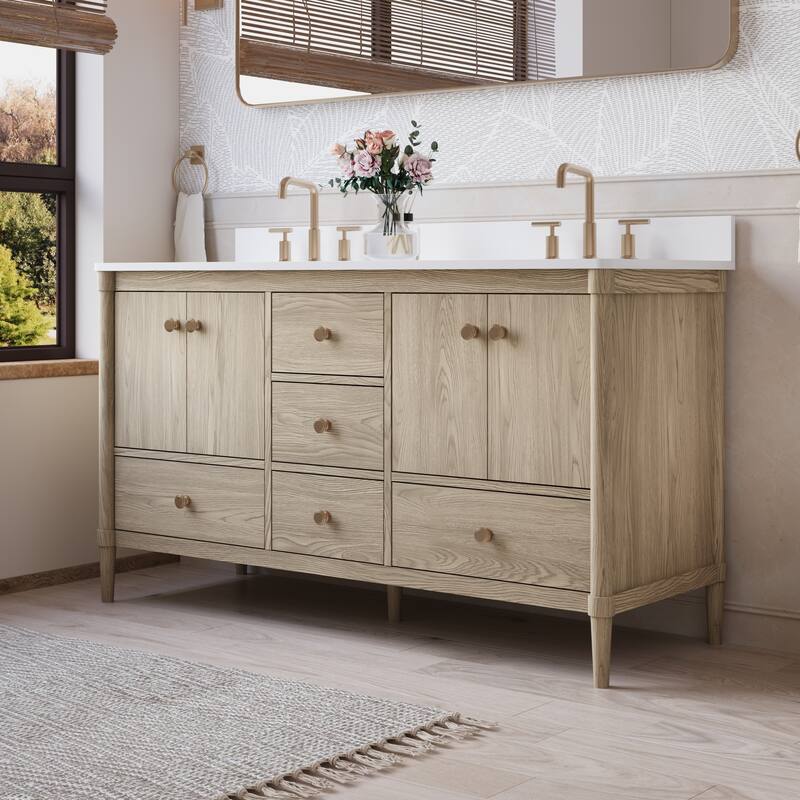 34''H Solid Wood Bathroom Vanity With Carrera White Quartz Top and Sink