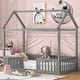 slide 2 of 18, Twin Size House-Shaped Floor Bed Frame, Distressed Washed Wood Bed Frame with Fence and Door, Semi-Enclosed Design